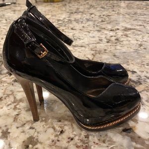 Women’s open toed black patent leather high heel